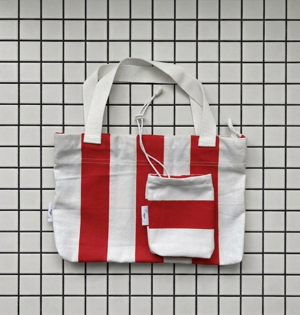Ensemble sac et pochette en toile de coton rayé rouge