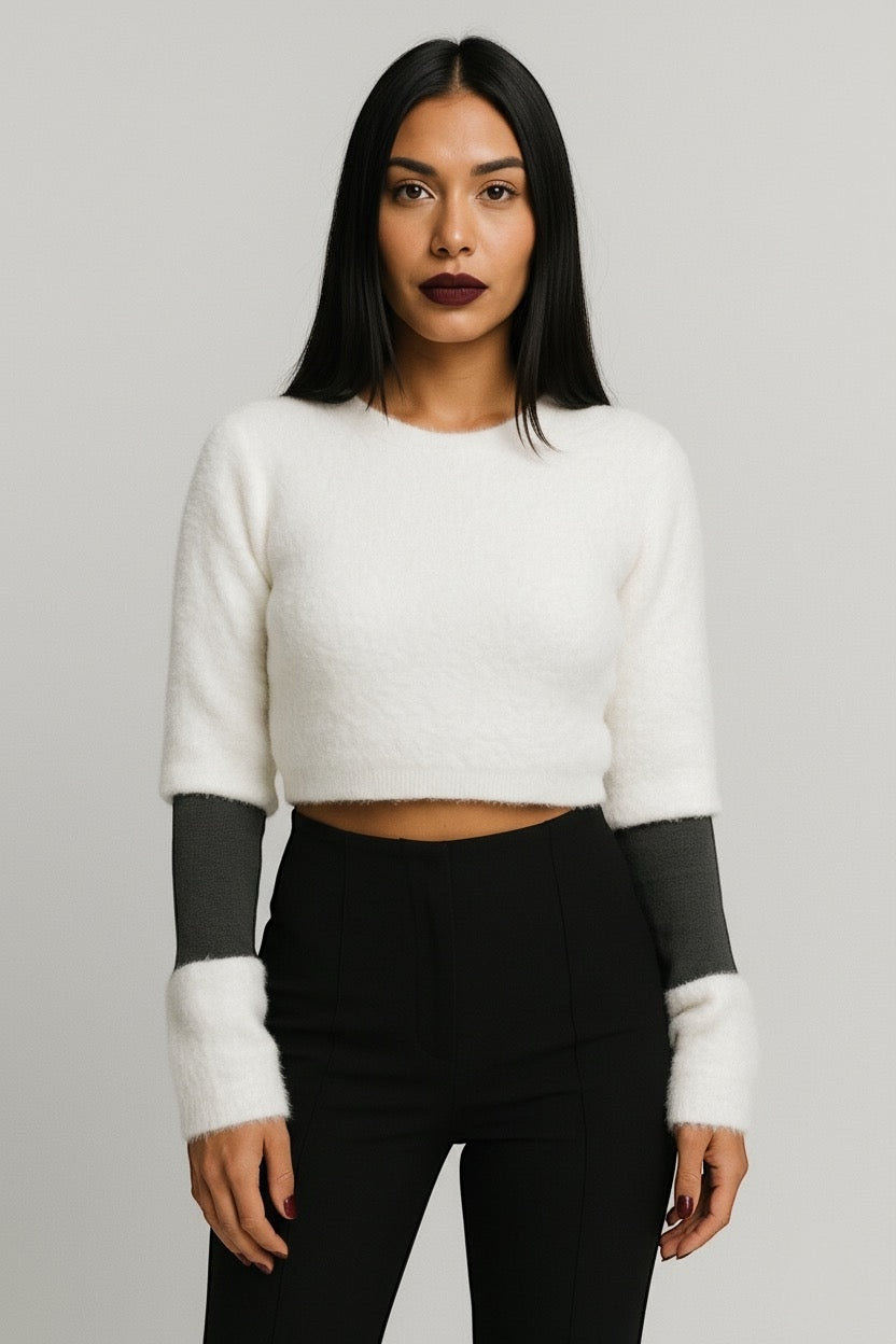 Pull Blanc avec bandes manches stretch grises anthracites ( court ) EN PRÉCOMMANDE