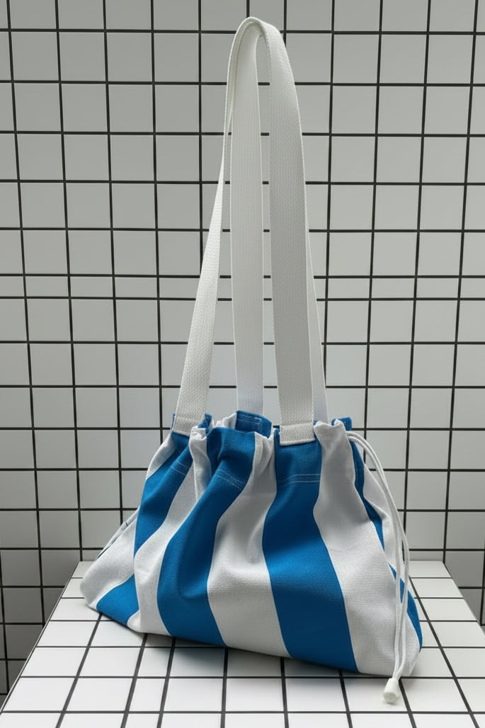 Ensemble sac et pochette en toile de coton rayé bleu