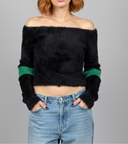 Pull noir avec fourrure manches verte EN STOCK