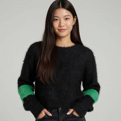 Pull noir et vert effet fourrure EN PRÉCOMMANDE