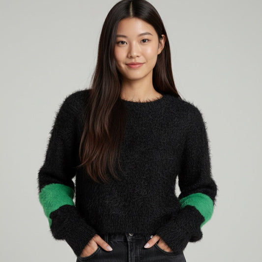 Pull noir et vert effet fourrure EN STOCK
