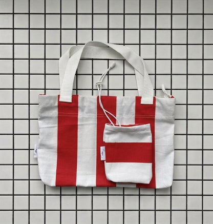 Ensemble sac et pochette en toile de coton rayé rouge