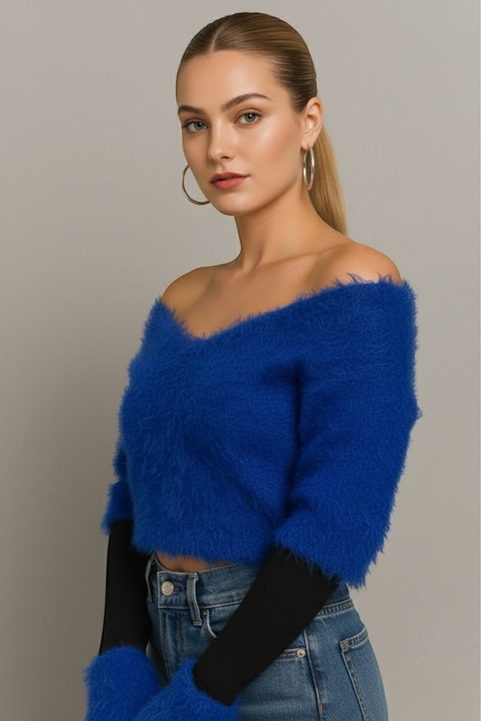 Pull bleu avec bandes manches noir EN STOCK