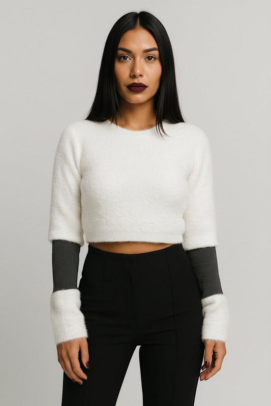 Pull Blanc avec bandes manches stretch grises anthracites ( court ) EN STOCK