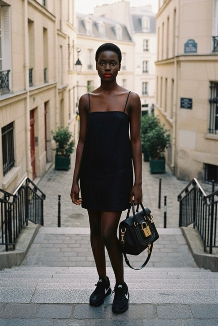 La robe parfaite de la parisienne moderne avec ses fines bretelles et faite en coton et lin crée par LAMANIAK Paris our un look casual chic à la française