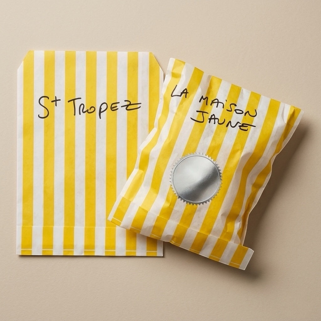 Un packaging jaune avec ses accessoires et un bijou argenté
